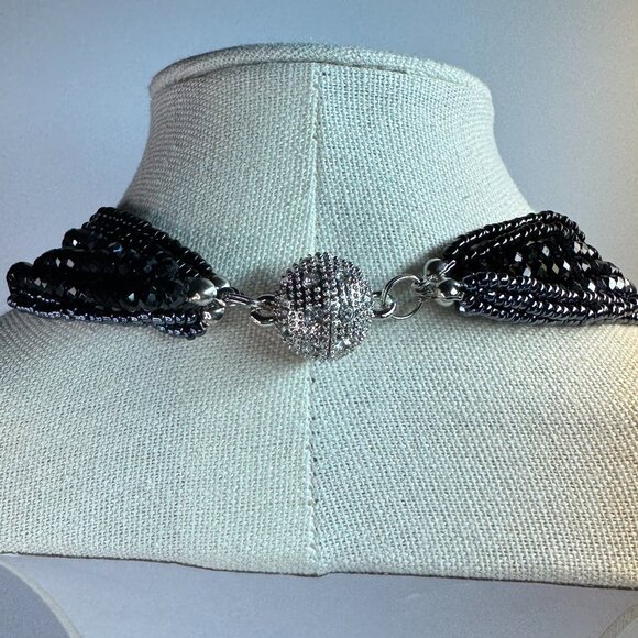Dark Navy Black'ish Multi Strand Small Glass Beads Necklace Sparkly Prom Wedding - Picture 5 of 6